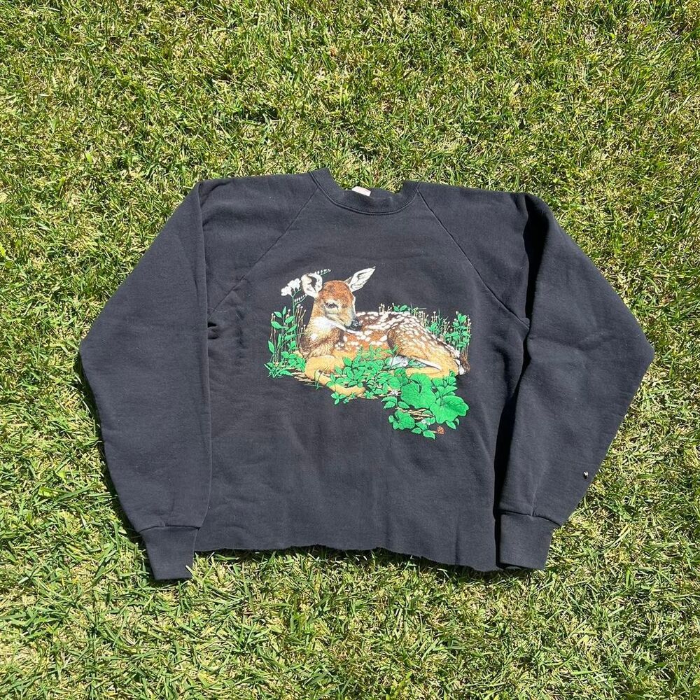 1990s fruit of the loom cropped deer fawn sweater unisex size xl